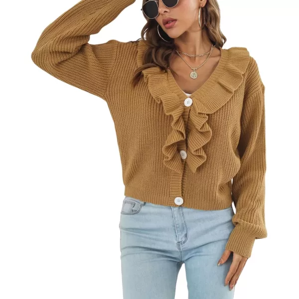 CHARTOU Women's Cute Ruffled Button Down Open Front Cardigans Sweater Crop Tops