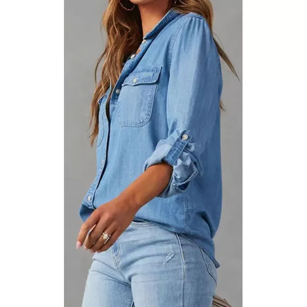 CHARTOU Women's Denim Shirts Lightweight Lapel Roll Up Long Sleeves Button up Jean Shirts Blouse Top with Pockets