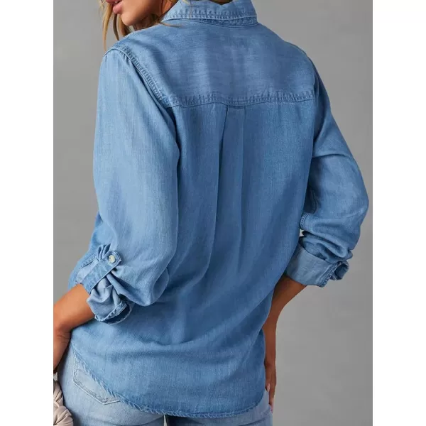 CHARTOU Women's Denim Shirts Lightweight Lapel Roll Up Long Sleeves Button up Jean Shirts Blouse Top with Pockets