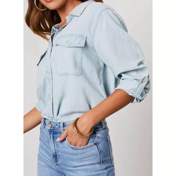 CHARTOU Women's Denim Shirts Lightweight Lapel Roll Up Long Sleeves Button up Jean Shirts Blouse Top with Pockets