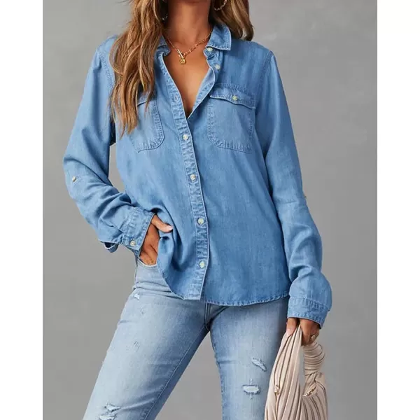 CHARTOU Women's Denim Shirts Lightweight Lapel Roll Up Long Sleeves Button up Jean Shirts Blouse Top with Pockets