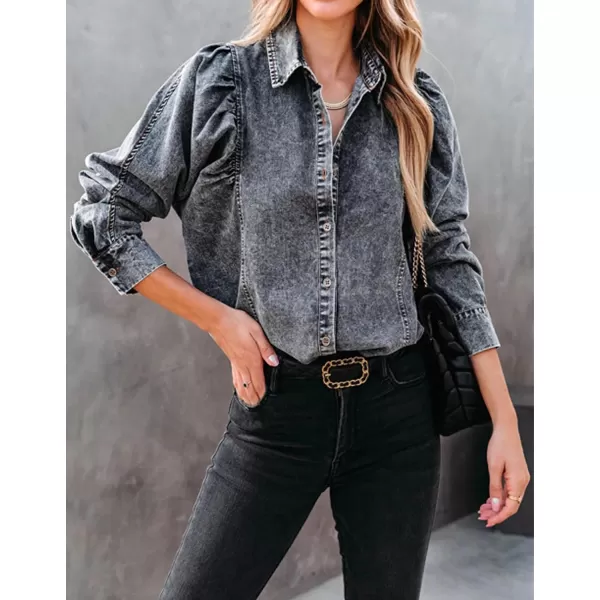 CHARTOU Women's Denim Shirts Vintage Collar Puff Long Sleeves Patchwork Button Down Jean Shirts Casual Blouse Top
