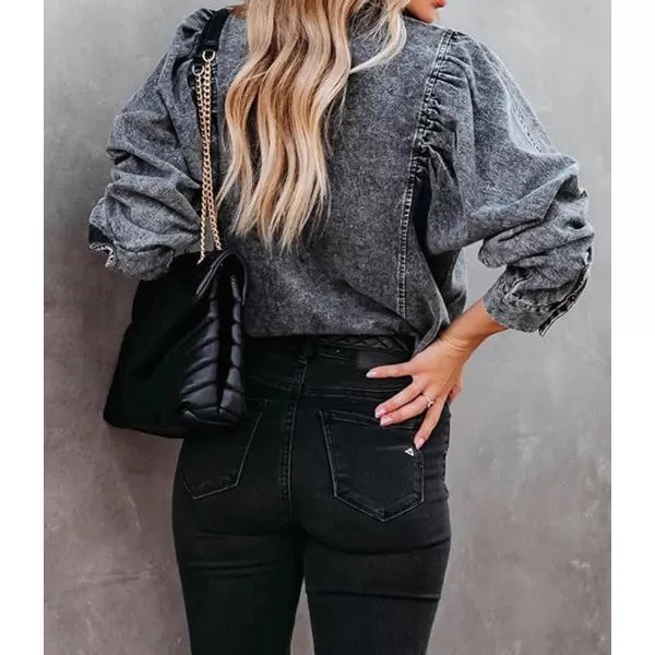 CHARTOU Women's Denim Shirts Vintage Collar Puff Long Sleeves Patchwork Button Down Jean Shirts Casual Blouse Top