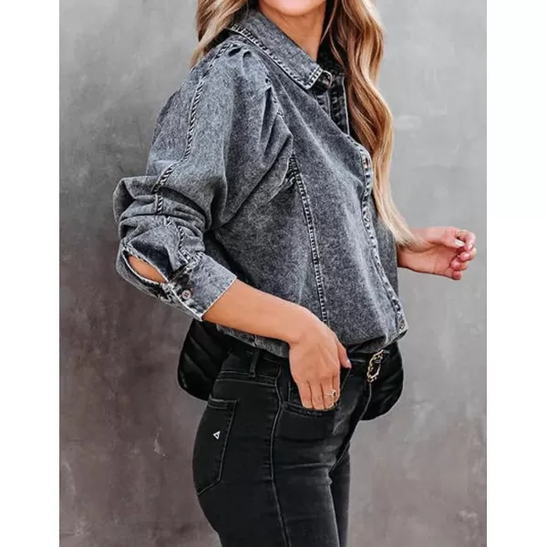 CHARTOU Women's Denim Shirts Vintage Collar Puff Long Sleeves Patchwork Button Down Jean Shirts Casual Blouse Top