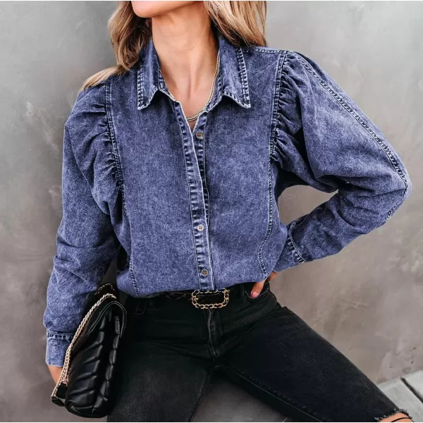CHARTOU Women's Denim Shirts Vintage Collar Puff Long Sleeves Patchwork Button Down Jean Shirts Casual Blouse Top