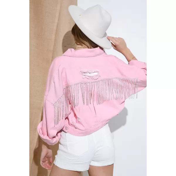CHARTOU Women's Diamond Rodeo Rhinestone Denim Jacket Button Down Crop Fringe Jean Jacket
