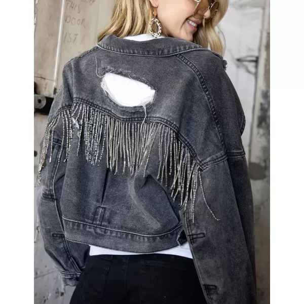 CHARTOU Women's Diamond Rodeo Rhinestone Denim Jacket Button Down Crop Fringe Jean Jacket