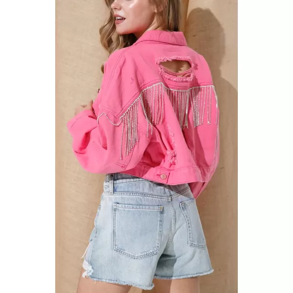 CHARTOU Women's Diamond Rodeo Rhinestone Denim Jacket Button Down Crop Fringe Jean Jacket