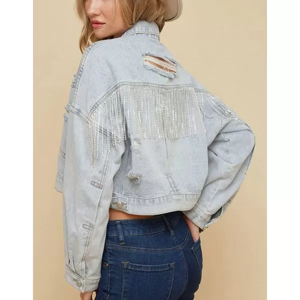CHARTOU Women's Diamond Rodeo Rhinestone Denim Jacket Button Down Crop Fringe Jean Jacket