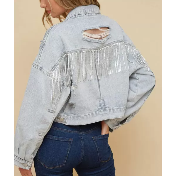 CHARTOU Women's Diamond Rodeo Rhinestone Denim Jacket Button Down Crop Fringe Jean Jacket
