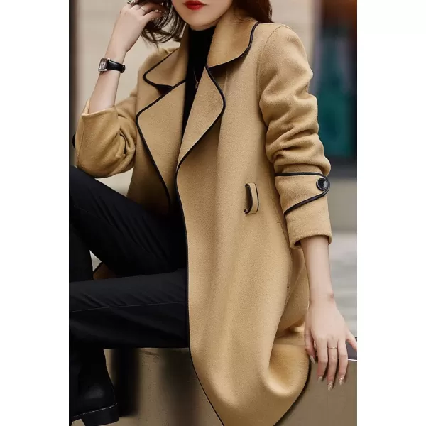 CHARTOU Women's Elegant Lapel Collar Wool Blend Midi-Long Pea Coat Jacket with Belt