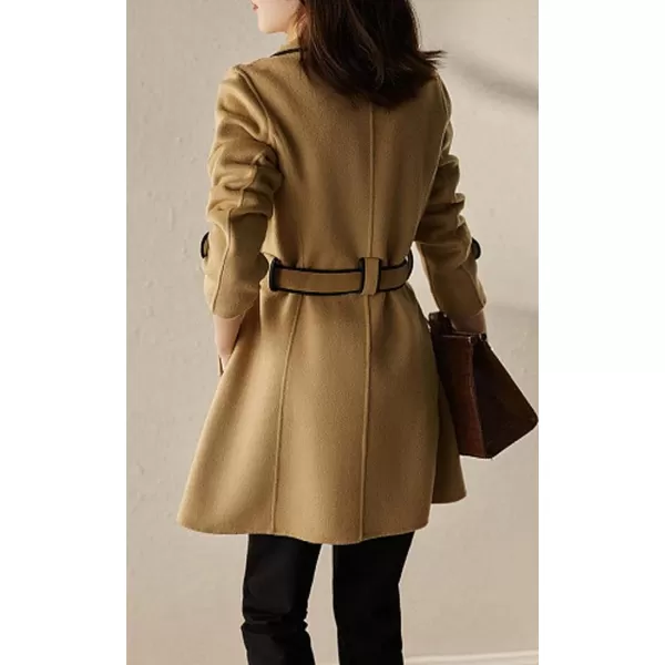 CHARTOU Women's Elegant Lapel Collar Wool Blend Midi-Long Pea Coat Jacket with Belt