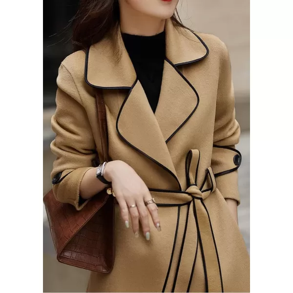 CHARTOU Women's Elegant Lapel Collar Wool Blend Midi-Long Pea Coat Jacket with Belt