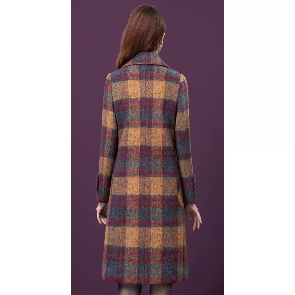 CHARTOU Women's Elegant Notched Collar Double-Breast Plaid Wool Blend Midi Long Pea Coat Jacket