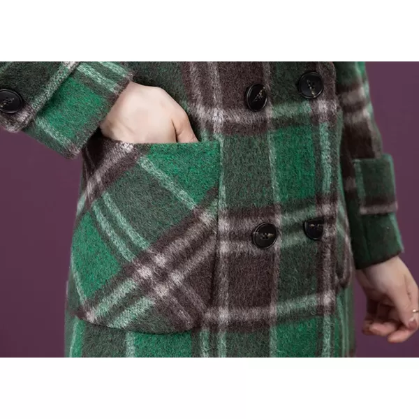 CHARTOU Women's Elegant Notched Collar Double-Breast Plaid Wool Blend Midi Long Pea Coat Jacket