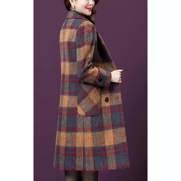 CHARTOU Women's Elegant Notched Collar Double-Breast Plaid Wool Blend Midi Long Pea Coat Jacket
