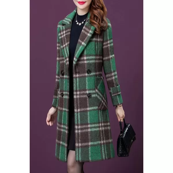 CHARTOU Women's Elegant Notched Collar Double-Breast Plaid Wool Blend Midi Long Pea Coat Jacket
