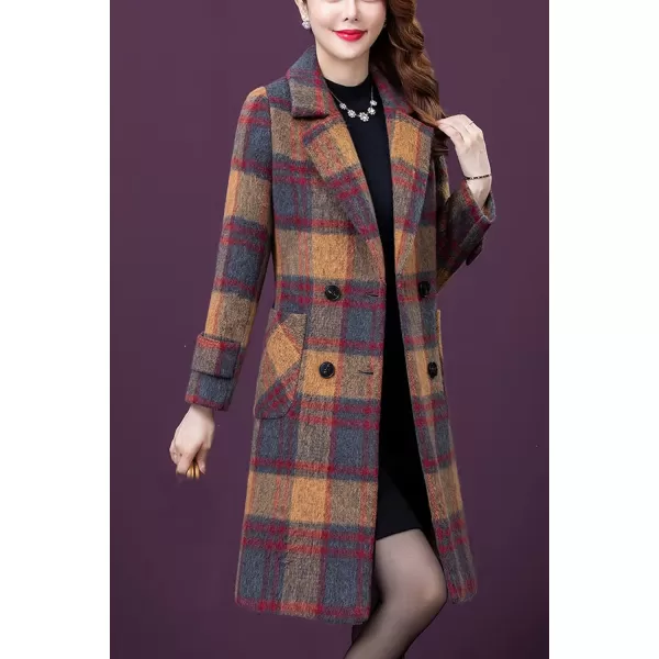 CHARTOU Women's Elegant Notched Collar Double-Breast Plaid Wool Blend Midi Long Pea Coat Jacket