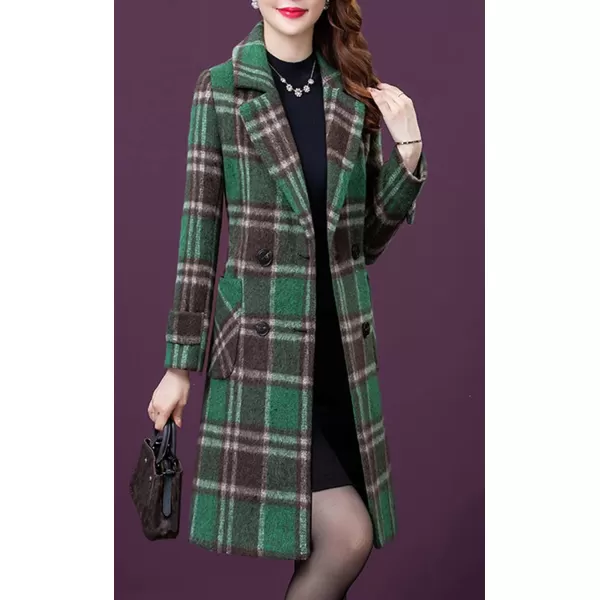 CHARTOU Women's Elegant Notched Collar Double-Breast Plaid Wool Blend Midi Long Pea Coat Jacket
