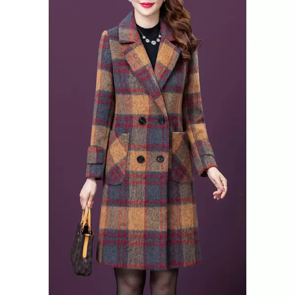 CHARTOU Women's Elegant Notched Collar Double-Breast Plaid Wool Blend Midi Long Pea Coat Jacket