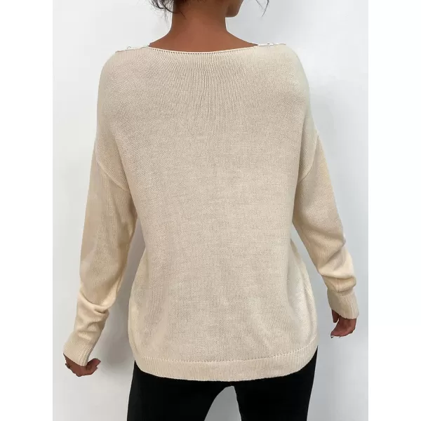 CHARTOU Women's Fall Sexy Crochet Lace v Neck Loose Fit Lightweight Sweater Pullover Tops