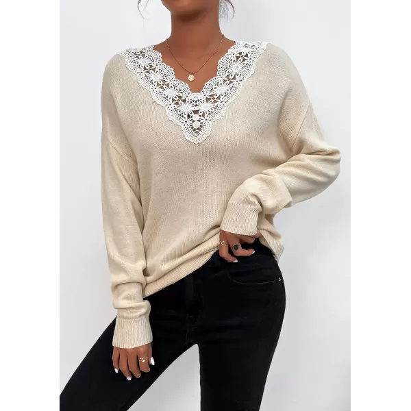 CHARTOU Women's Fall Sexy Crochet Lace v Neck Loose Fit Lightweight Sweater Pullover Tops