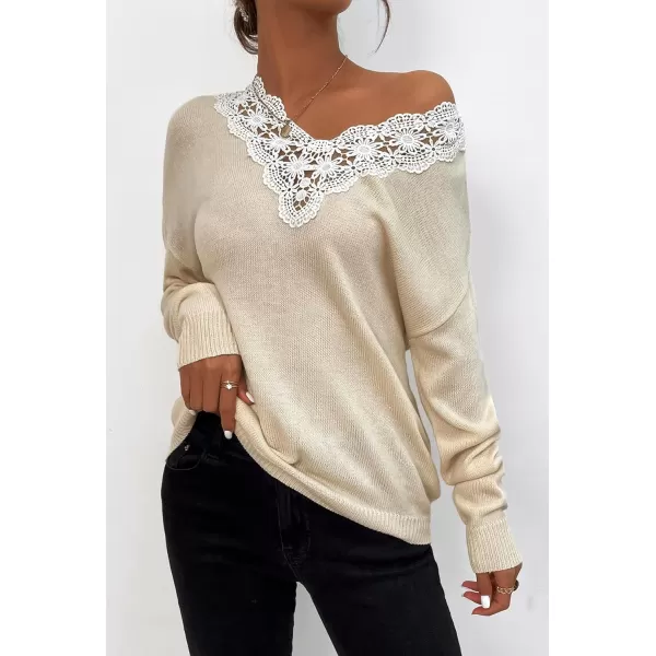 CHARTOU Women's Fall Sexy Crochet Lace v Neck Loose Fit Lightweight Sweater Pullover Tops