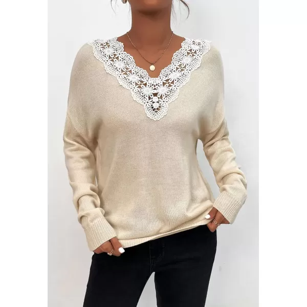 CHARTOU Women's Fall Sexy Crochet Lace v Neck Loose Fit Lightweight Sweater Pullover Tops