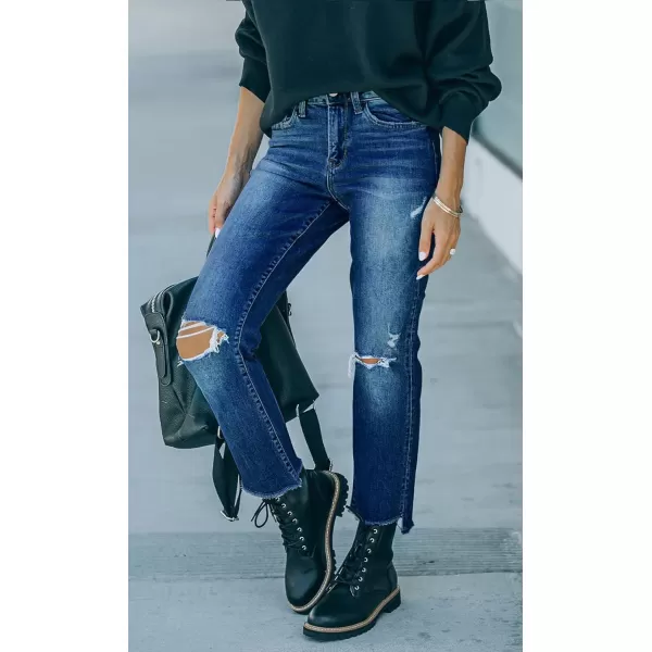 CHARTOU Women's Fall Winter Boyfriend Jeans Straight Leg Ripped Crop Denim Pants