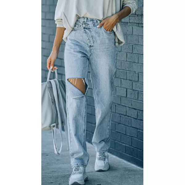 CHARTOU Women's Fashion Irregular Mid-Rise Destroyed Holes Straight Leg Denim Jeans Pants