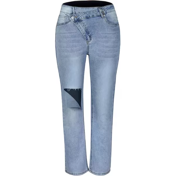 CHARTOU Women's Fashion Irregular Mid-Rise Destroyed Holes Straight Leg Denim Jeans Pants