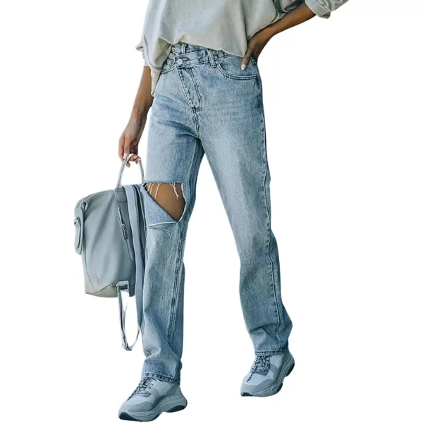 CHARTOU Women's Fashion Irregular Mid-Rise Destroyed Holes Straight Leg Denim Jeans Pants