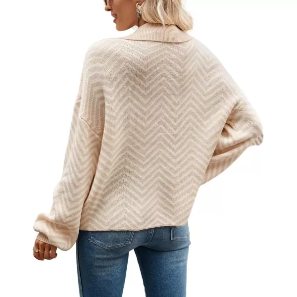 CHARTOU Women's Fashion Jumper Sweater Loose Fit Zigzag Long Sleeve Lapel Polo Collar Pullover