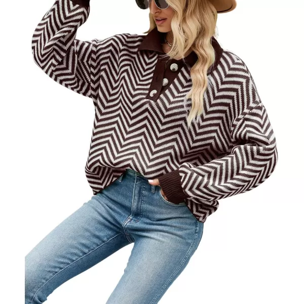 CHARTOU Women's Fashion Jumper Sweater Loose Fit Zigzag Long Sleeve Lapel Polo Collar Pullover