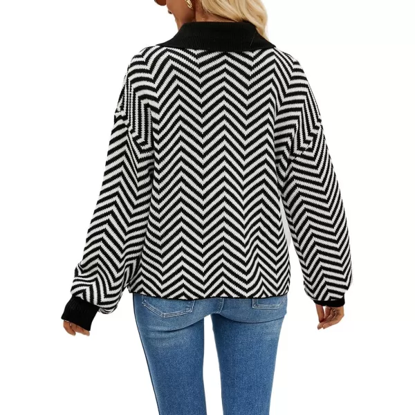 CHARTOU Women's Fashion Jumper Sweater Loose Fit Zigzag Long Sleeve Lapel Polo Collar Pullover