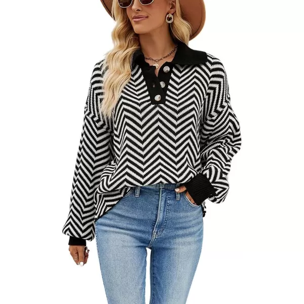 CHARTOU Women's Fashion Jumper Sweater Loose Fit Zigzag Long Sleeve Lapel Polo Collar Pullover