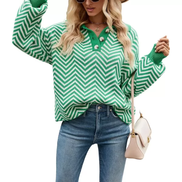CHARTOU Women's Fashion Jumper Sweater Loose Fit Zigzag Long Sleeve Lapel Polo Collar Pullover