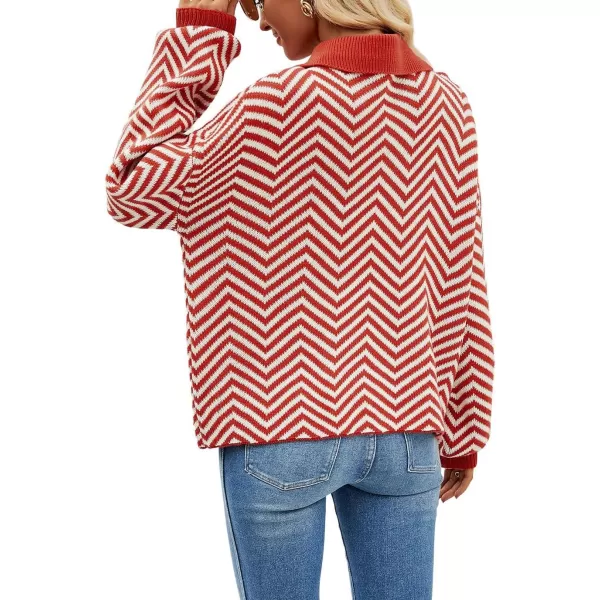 CHARTOU Women's Fashion Jumper Sweater Loose Fit Zigzag Long Sleeve Lapel Polo Collar Pullover