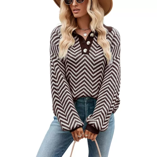 CHARTOU Women's Fashion Jumper Sweater Loose Fit Zigzag Long Sleeve Lapel Polo Collar Pullover