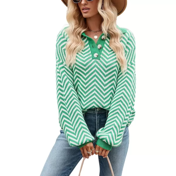 CHARTOU Women's Fashion Jumper Sweater Loose Fit Zigzag Long Sleeve Lapel Polo Collar Pullover