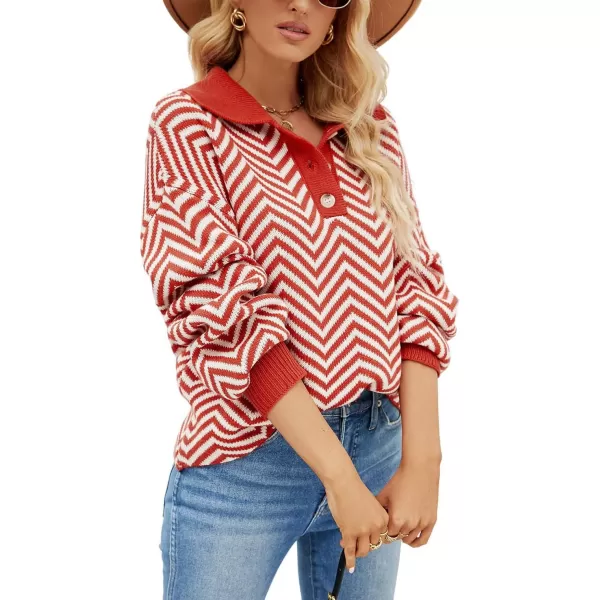 CHARTOU Women's Fashion Jumper Sweater Loose Fit Zigzag Long Sleeve Lapel Polo Collar Pullover