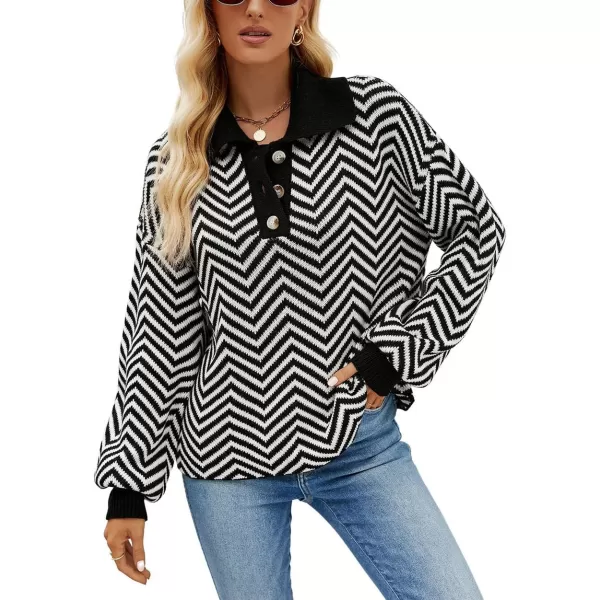 CHARTOU Women's Fashion Jumper Sweater Loose Fit Zigzag Long Sleeve Lapel Polo Collar Pullover