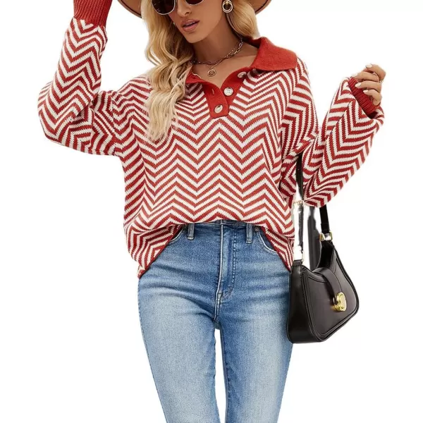 CHARTOU Women's Fashion Jumper Sweater Loose Fit Zigzag Long Sleeve Lapel Polo Collar Pullover