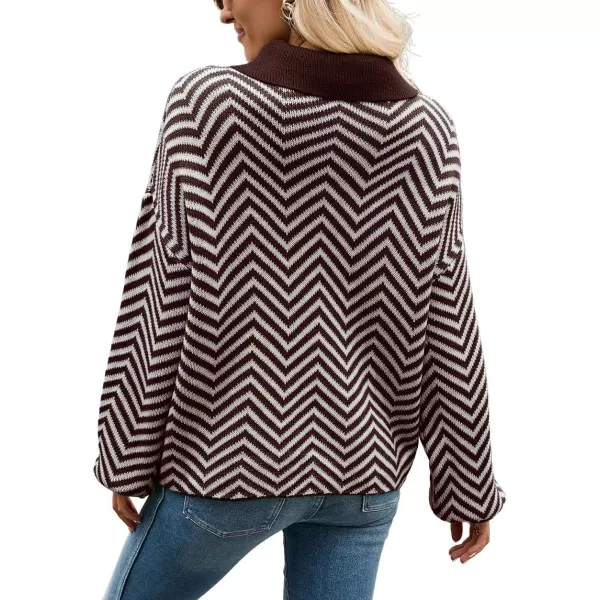 CHARTOU Women's Fashion Jumper Sweater Loose Fit Zigzag Long Sleeve Lapel Polo Collar Pullover