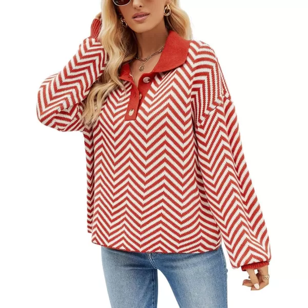 CHARTOU Women's Fashion Jumper Sweater Loose Fit Zigzag Long Sleeve Lapel Polo Collar Pullover