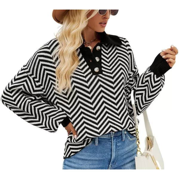 CHARTOU Women's Fashion Jumper Sweater Loose Fit Zigzag Long Sleeve Lapel Polo Collar Pullover