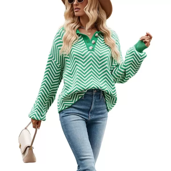 CHARTOU Women's Fashion Jumper Sweater Loose Fit Zigzag Long Sleeve Lapel Polo Collar Pullover