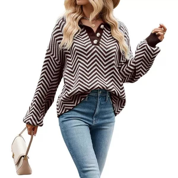 CHARTOU Women's Fashion Jumper Sweater Loose Fit Zigzag Long Sleeve Lapel Polo Collar Pullover