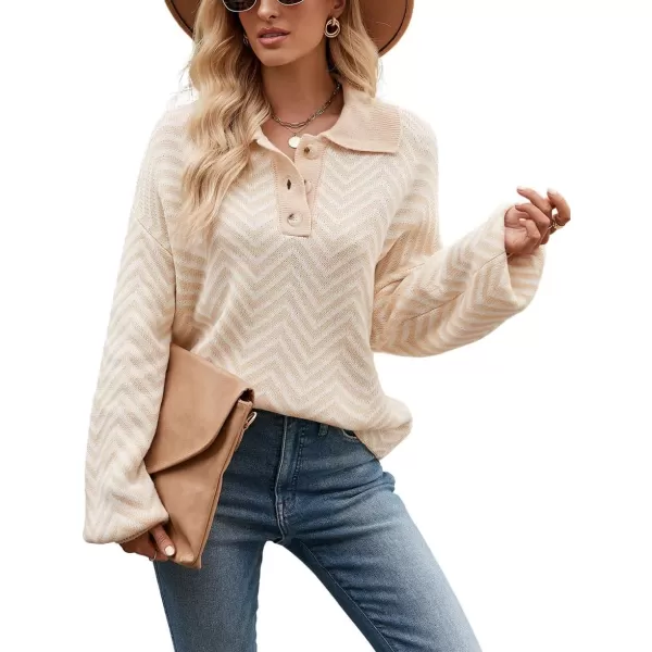 CHARTOU Women's Fashion Jumper Sweater Loose Fit Zigzag Long Sleeve Lapel Polo Collar Pullover