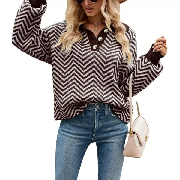 CHARTOU Women's Fashion Jumper Sweater Loose Fit Zigzag Long Sleeve Lapel Polo Collar Pullover